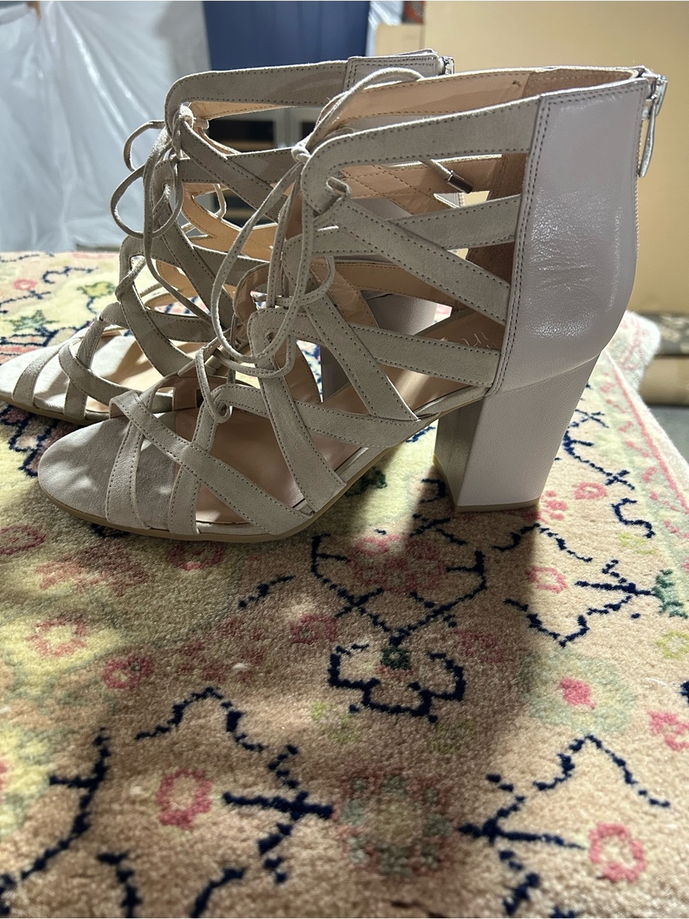 Franco Sarto Cream Lace-Up Strappy Block Heel Sandals